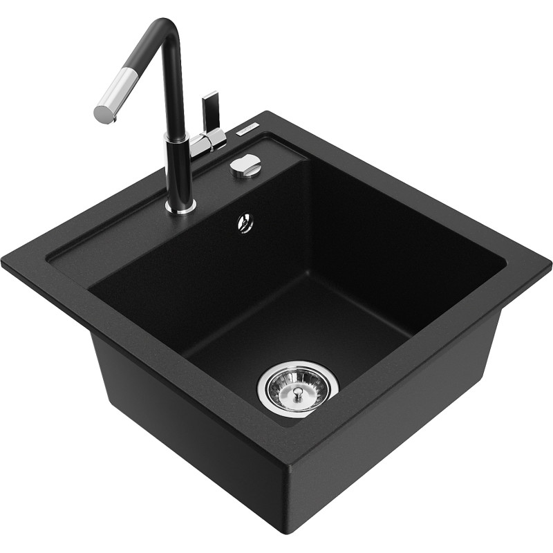 Mexen Vito fregadero de granito de 1 cámara con grifo de cocina Flora, negro - 6503-77-670401-07
