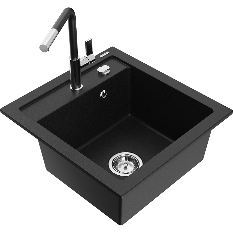 Mexen Vito fregadero de granito de 1 cubeta con grifo de cocina Flora, negro - 6503-77-670401-07