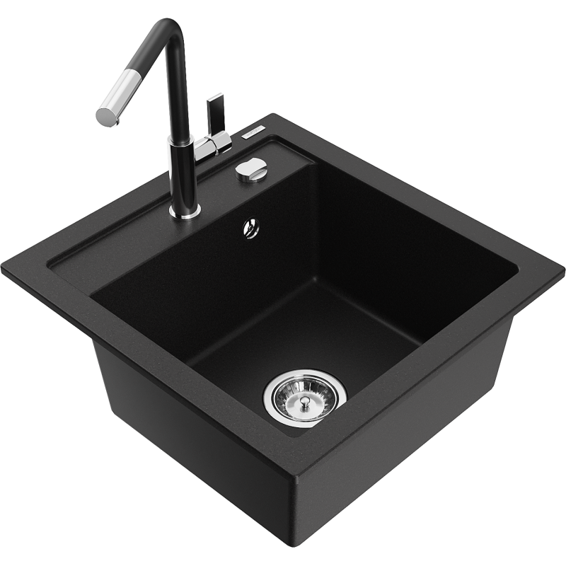 Mexen Vito Granitspüle 1-Becken mit Küchenarmatur Flora, schwarz - 6503-77-670401-07