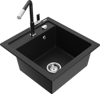 Mexen Vito Granitspüle 1-Becken mit Küchenarmatur Flora, schwarz - 6503-77-670401-07