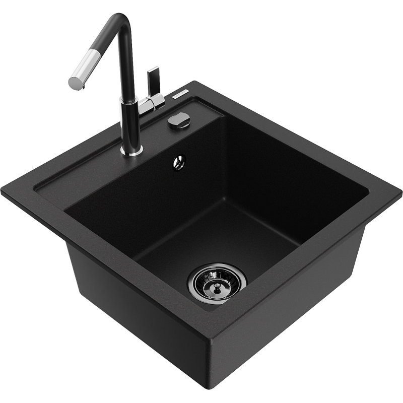 Mexen Vito granite sink 1-bowl with Flora kitchen tap, black - 6503-77-670401-07-B