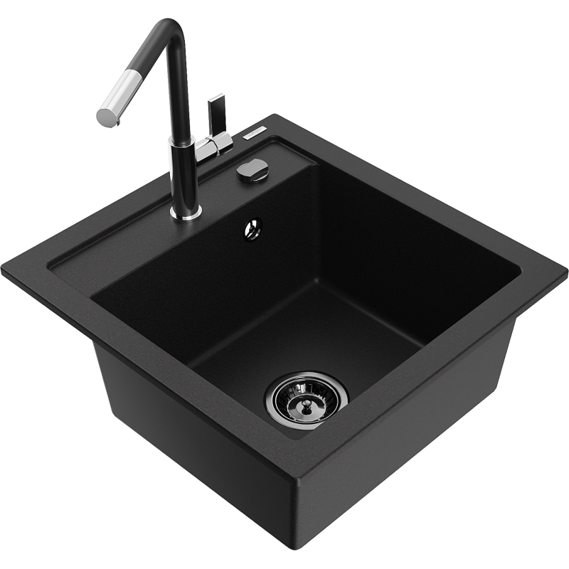 Mexen Vito Granitspüle 1-becken mit Küchenarmatur Flora, schwarz - 6503-77-670401-07-B