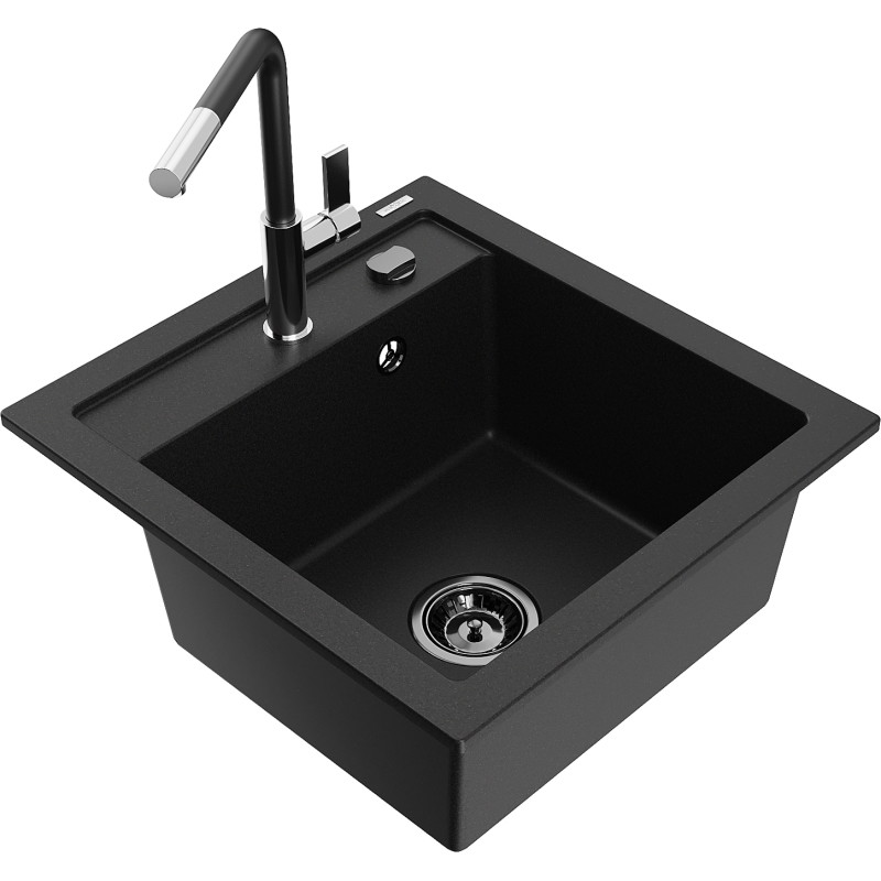Mexen Vito granitspüle 1-beckig mit küchenarmatur Flora, schwarz - 6503-77-670401-07-B
