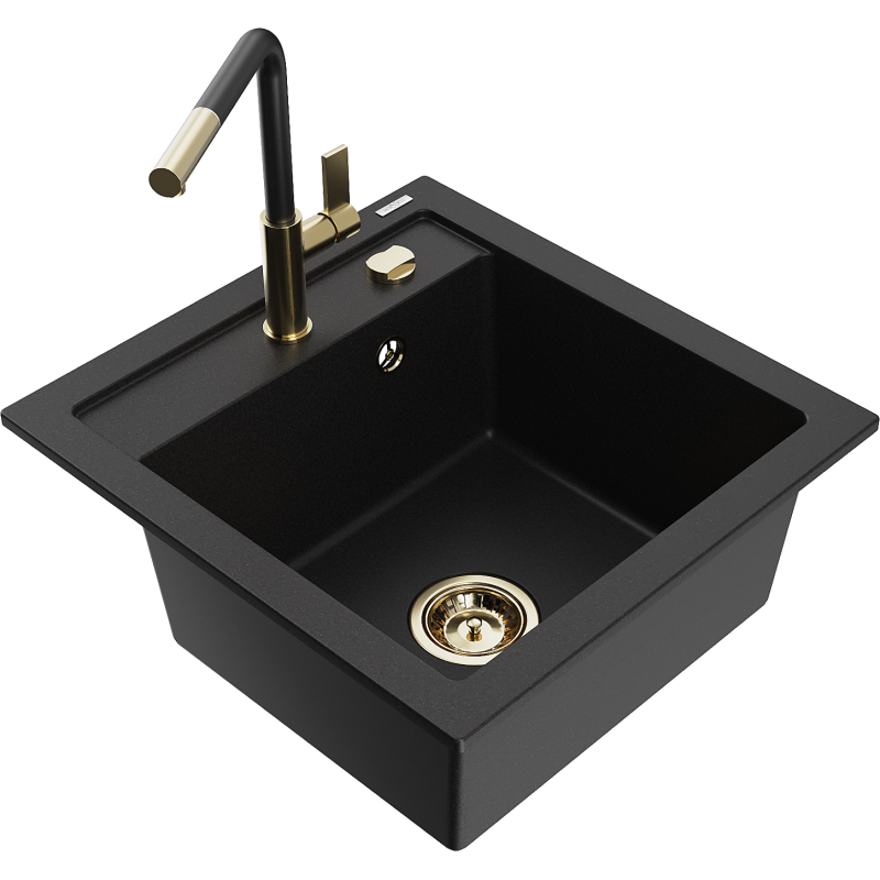 Mexen Vito fregadero de granito de 1 compartimento con grifo de cocina Flora, negro - 6503-77-670401-57-G