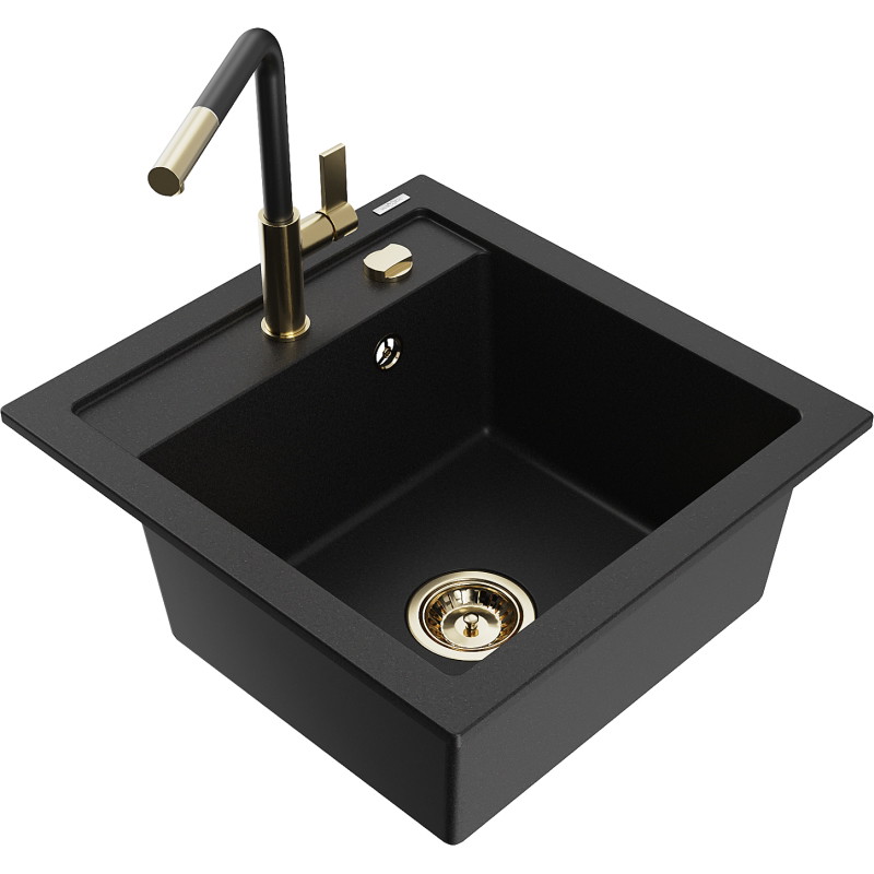 Mexen Vito fregadero de granito de 1 tazón con grifo de cocina Flora, negro - 6503-77-670401-57-G