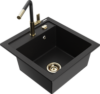 Mexen Vito Granitspüle 1-Becken mit Küchenarmatur Flora, schwarz - 6503-77-670401-57-G