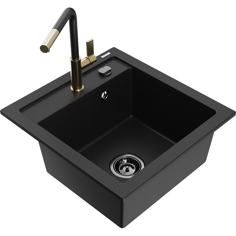 Mexen Vito fregadero de granito de 1 compartimento con grifo de cocina Flora, negro - 6503-77-670401-57-B
