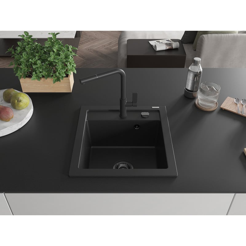 Mexen Vito granite kitchen sink 1-bowl with Flora kitchen tap, black - 6503-77-670401-70-B
