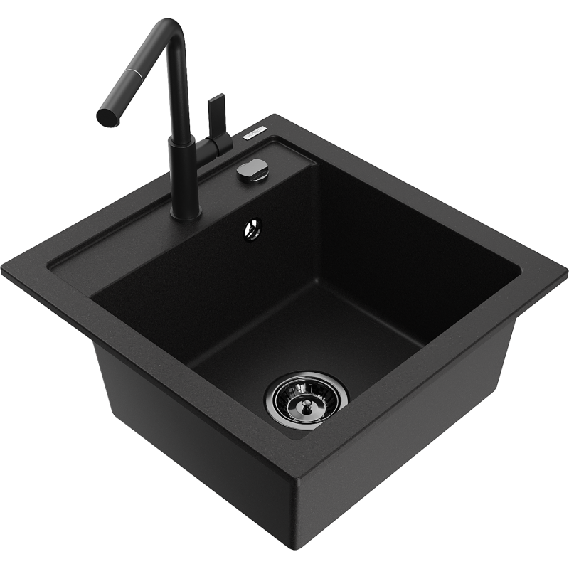 Mexen Vito granite kitchen sink 1-bowl with Flora kitchen tap, black - 6503-77-670401-70-B