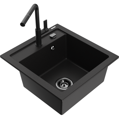 Mexen Vito lava-loiça de granito de 1 bacia com torneira de cozinha Flora, preto - 6503-77-670401-70-B