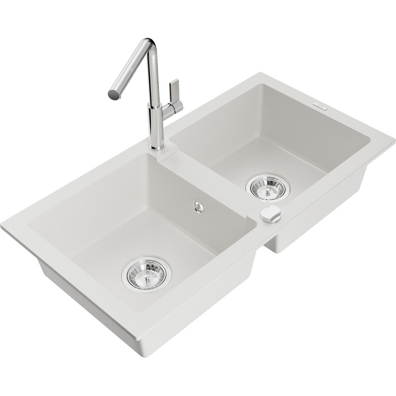 Mexen Mario fregadero de granito de 2 compartimentos con grifo de cocina Flora, blanco - 6504-20-670401-00