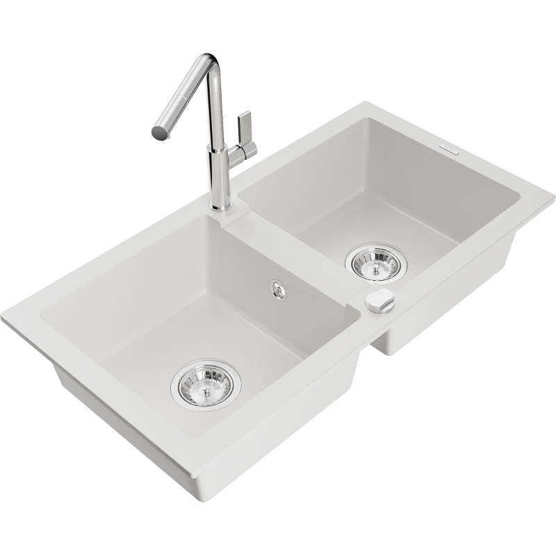 Mexen Mario fregadero de granito de 2 senos con grifo de cocina Flora, blanco - 6504-20-670401-00