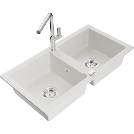 Mexen Mario granta izlietne ar 2 nodalījumiem un virtuves krānu Flora, balta - 6504-20-670401-00