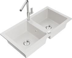 Mexen Mario granite kitchen sink 2-bowl with Flora kitchen tap, white - 6504-20-670401-00
