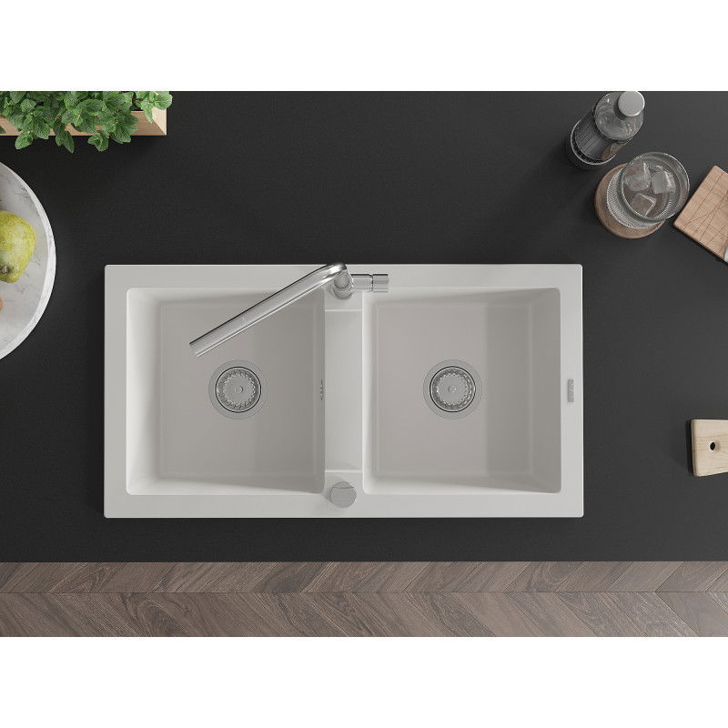 Mexen Mario fregadero de granito de 2 senos con grifo de cocina Flora, blanco - 6504-20-670401-00
