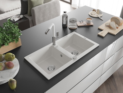 Mexen Mario granite sink 2-chamber with Flora kitchen tap, white - 6504-20-670401-02
