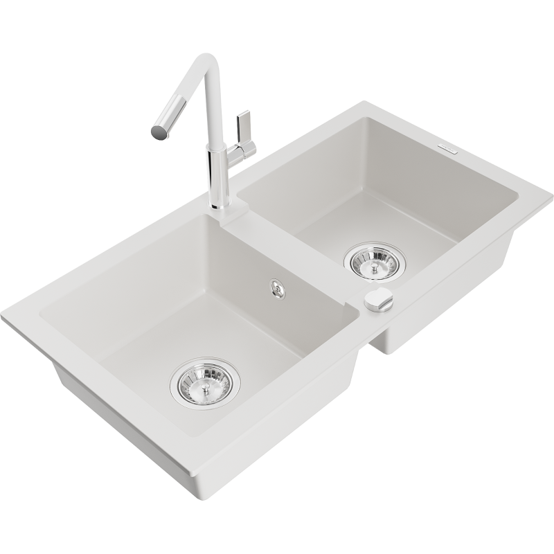 Mexen Mario granite sink 2-chamber with Flora kitchen tap, white - 6504-20-670401-02