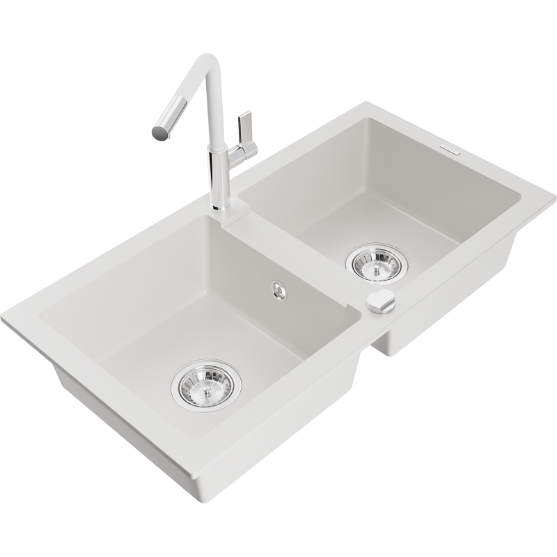 Mexen Mario lava-louça de granito de 2 cubas com torneira de cozinha Flora, branco - 6504-20-670401-02