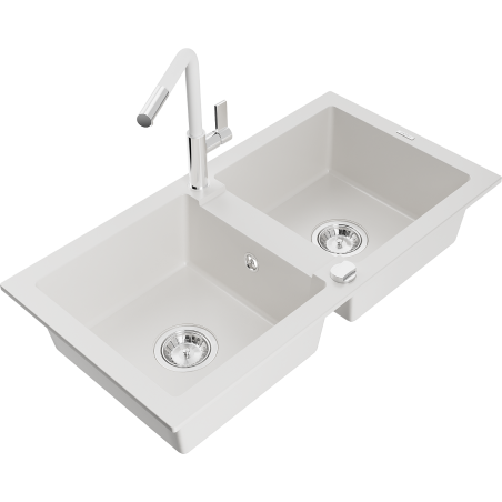 Mexen Mario granite sink 2-chamber with Flora kitchen tap, white - 6504-20-670401-02