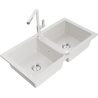 Mexen Mario fregadero de granito de 2 compartimentos con grifo de cocina Flora, blanco - 6504-20-670401-02