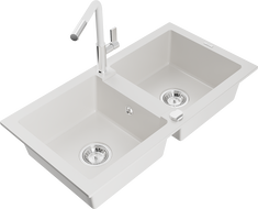 Mexen Mario fregadero de granito de 2 compartimentos con grifo de cocina Flora, blanco - 6504-20-670401-02