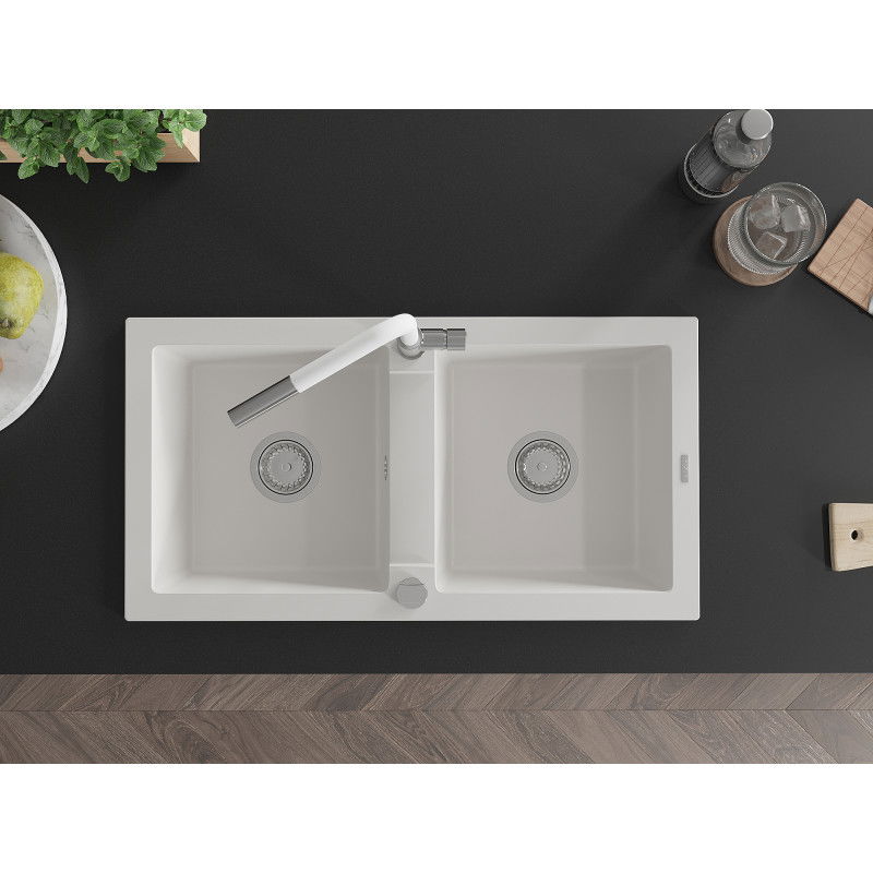 Mexen Mario lava-louça de granito de 2 cubas com torneira de cozinha Flora, branco - 6504-20-670401-02