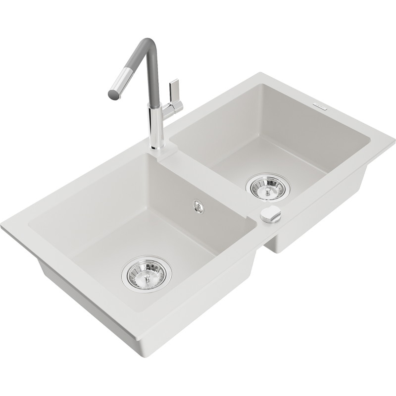Mexen Mario fregadero de granito de 2 compartimentos con grifo de cocina Flora, blanco - 6504-20-670401-06