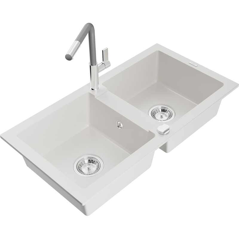 Mexen Mario fregadero de granito de 2 senos con grifo de cocina Flora, blanco - 6504-20-670401-06