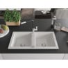 Mexen Mario granite double-bowl sink with Flora kitchen faucet, white - 6504-20-670401-07