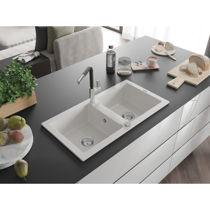 Mexen Mario granit gootsteen, tweekamer met keukenmengkraan Flora, wit - 6504-20-670401-07