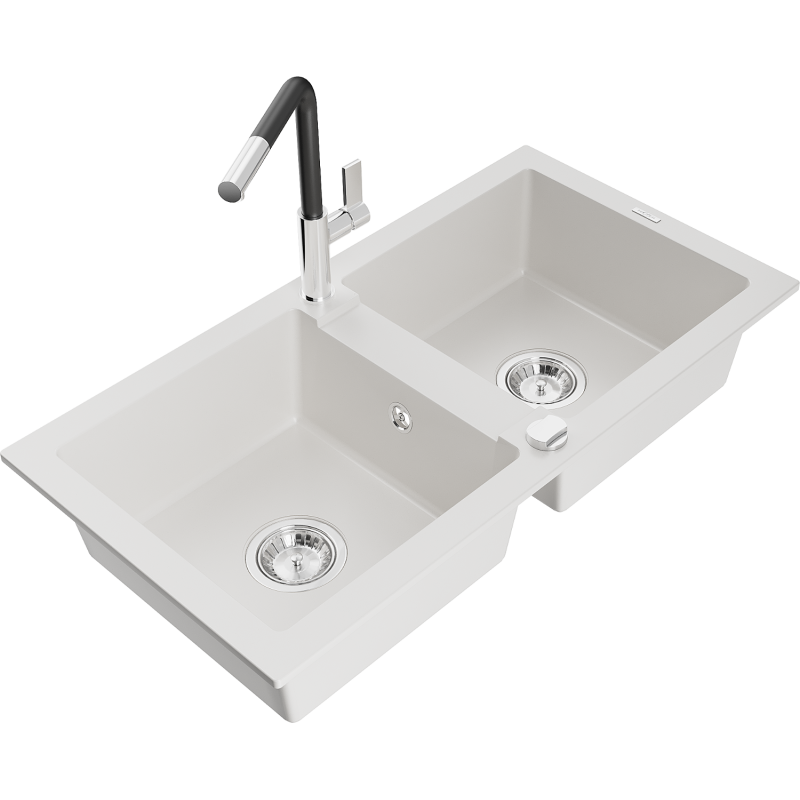Mexen Mario fregadero de granito de 2 compartimentos con grifo de cocina Flora, blanco - 6504-20-670401-07