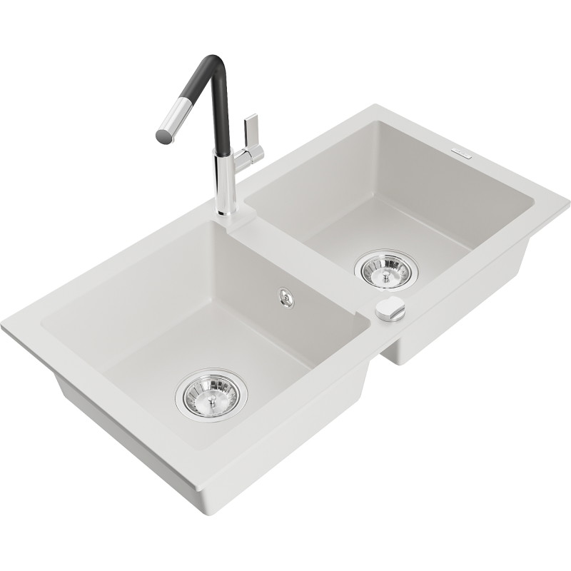 Mexen Mario fregadero de granito de 2 senos con grifo de cocina Flora, blanco - 6504-20-670401-07