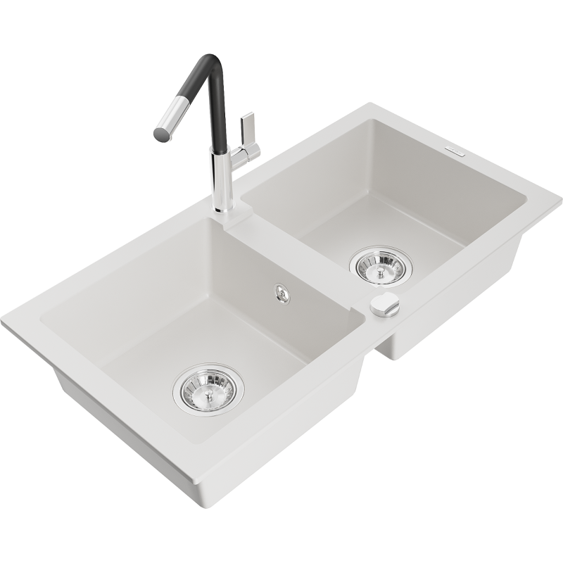 Mexen Mario granite sink, 2-bowl with Flora kitchen tap, white - 6504-20-670401-07