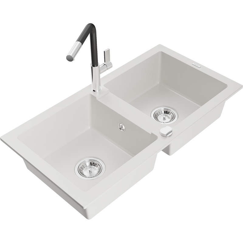 Mexen Mario lava-louça de granito 2 cubas com torneira de cozinha Flora, branco - 6504-20-670401-07