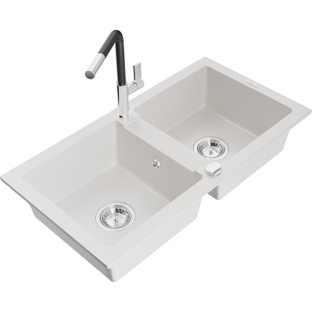 Mexen Mario fregadero de granito de 2 senos con grifo de cocina Flora, blanco - 6504-20-670401-07