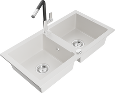 Mexen Mario granite sink, 2-bowl with Flora kitchen tap, white - 6504-20-670401-07