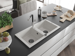 Mexen Mario lava-loiça de granito de 2 cubas com torneira de cozinha Flora, branco - 6504-20-670401-07-B