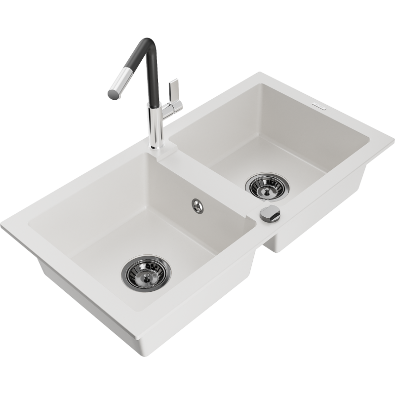 Mexen Mario fregadero de granito de 2 compartimentos con grifo de cocina Flora, blanco - 6504-20-670401-07-B