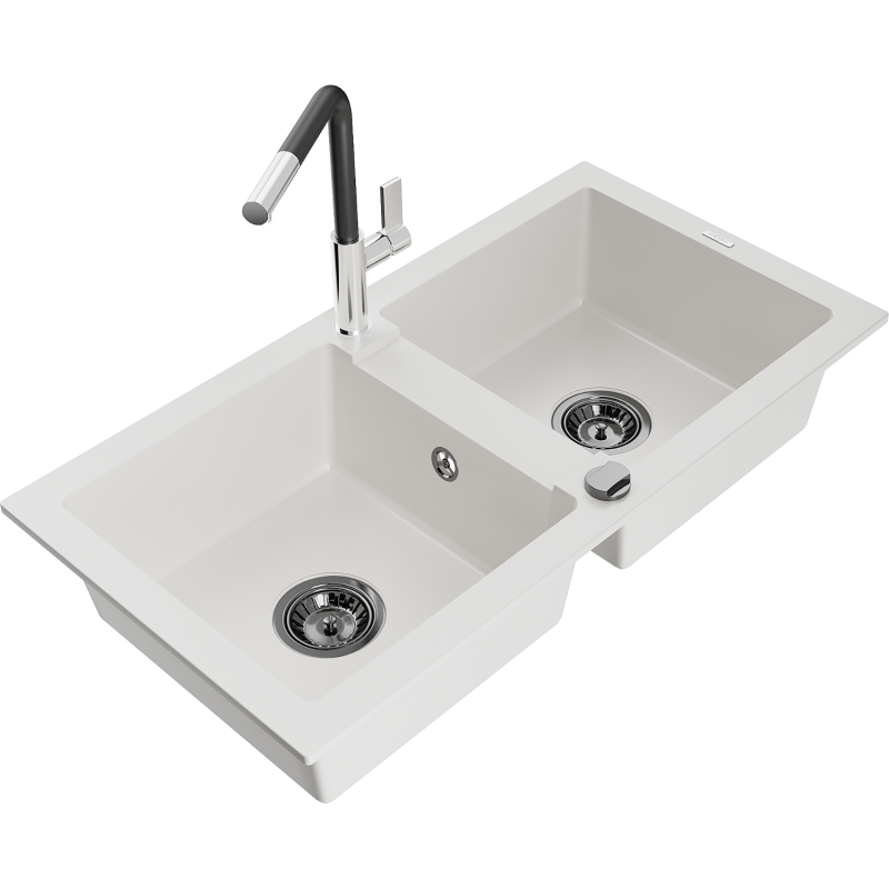 Mexen Mario lava-loiça de granito de 2 cubas com torneira de cozinha Flora, branco - 6504-20-670401-07-B