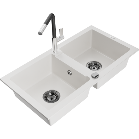 Mexen Mario fregadero de granito de 2 compartimentos con grifo de cocina Flora, blanco - 6504-20-670401-07-B