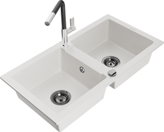 Mexen Mario granite double-bowl kitchen sink with Flora faucet, white - 6504-20-670401-07-B