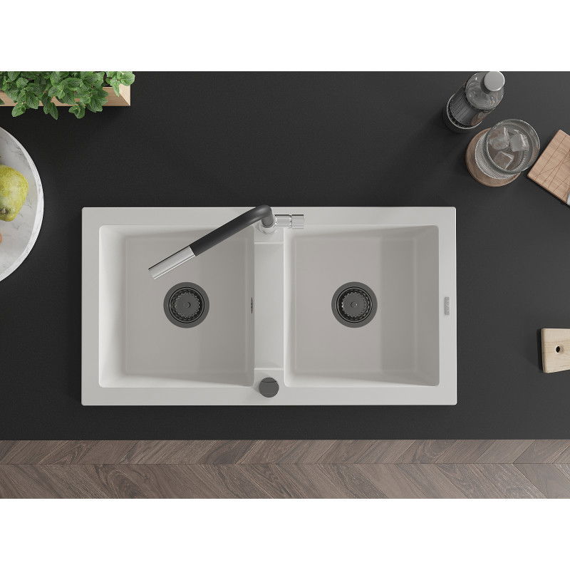 Mexen Mario fregadero de granito de 2 compartimentos con grifo de cocina Flora, blanco - 6504-20-670401-07-B