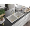 Mexen Mario granite double-bowl kitchen sink with Flora faucet, white - 6504-20-670401-57-G