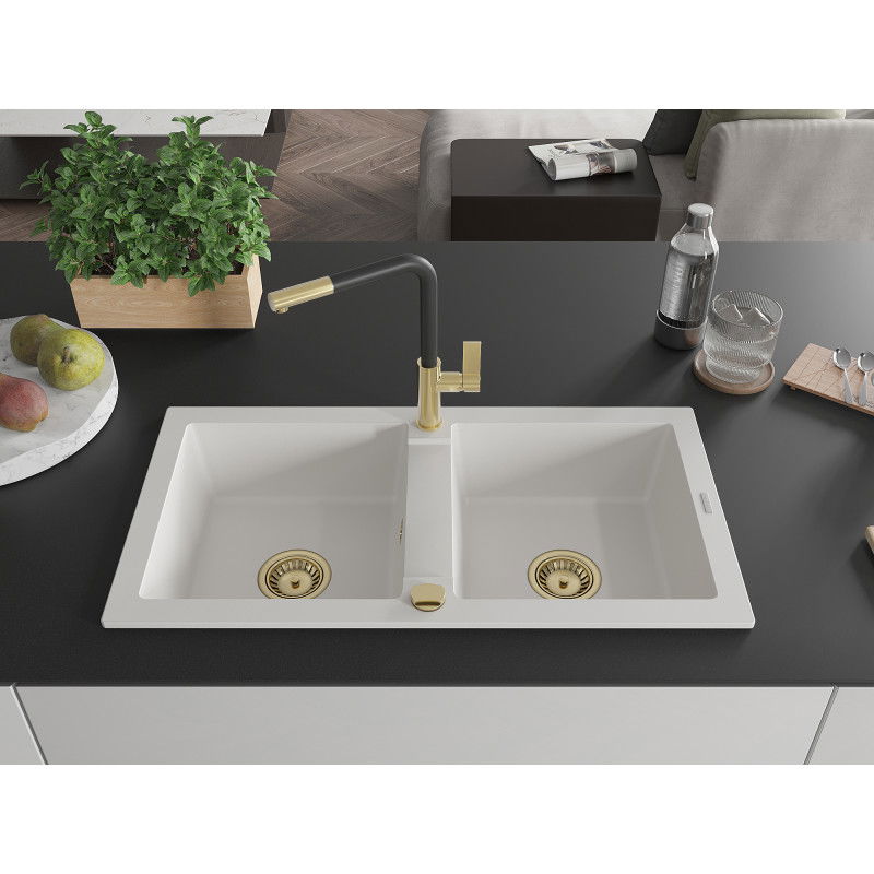 Mexen Mario granite sink 2-bowl with Flora kitchen tap, white - 6504-20-670401-57-G