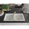 Mexen Mario granite double-bowl kitchen sink with Flora faucet, white - 6504-20-670401-57-G