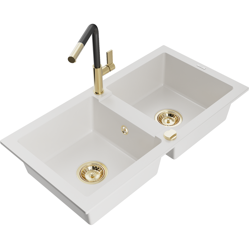 Mexen Mario granite sink 2-bowl with Flora kitchen tap, white - 6504-20-670401-57-G