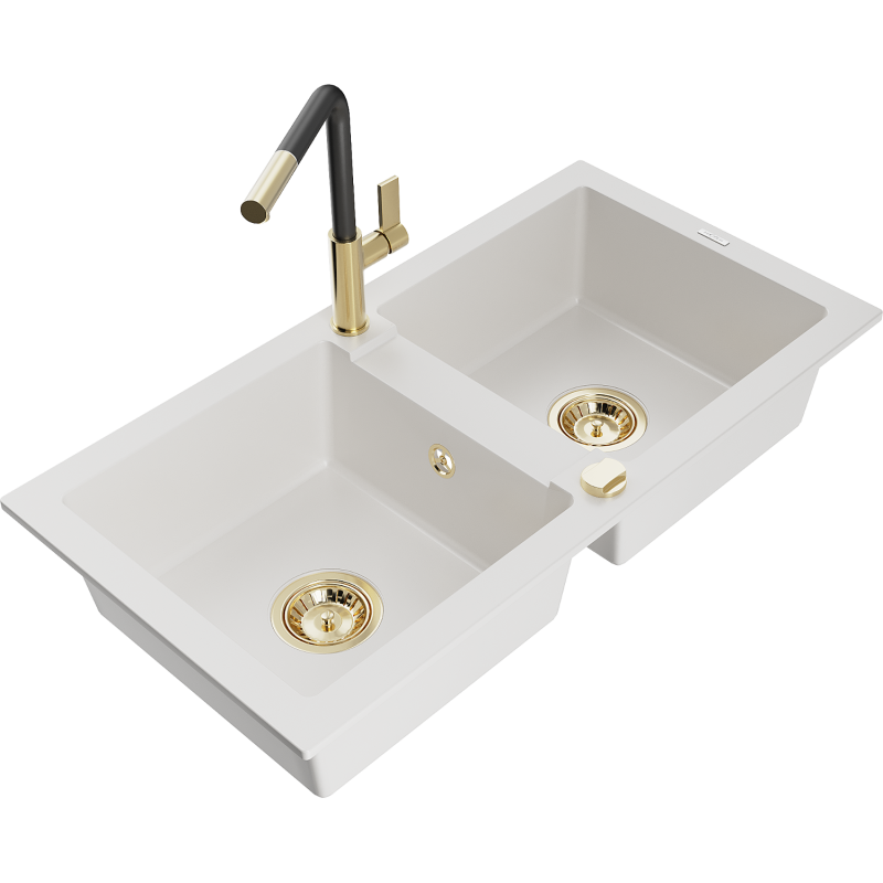 Mexen Mario lava-loiça de granito 2-cubas com misturadora de cozinha Flora, branco - 6504-20-670401-57-G