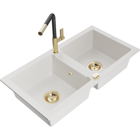 Mexen Mario fregadero de granito de 2 compartimentos con grifo de cocina Flora, blanco - 6504-20-670401-57-G