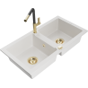 Mexen Mario granite sink 2-bowl with Flora kitchen tap, white - 6504-20-670401-57-G