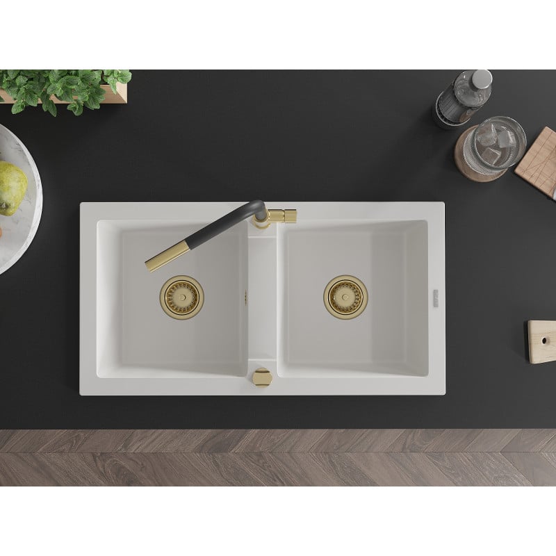 Mexen Mario lava-loiça de granito 2-cubas com misturadora de cozinha Flora, branco - 6504-20-670401-57-G